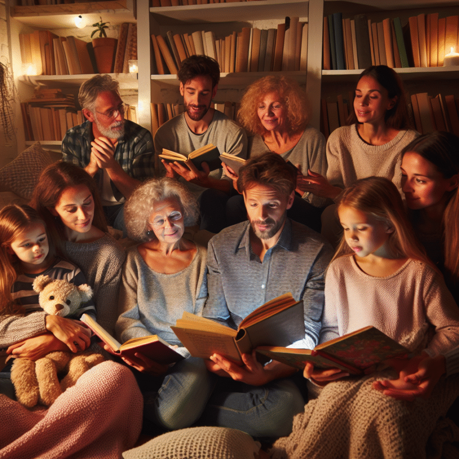 Family Reading Rituals to Strengthen Bonds and Connect Daily Diverse multigenerational family reading together in a cozy living room, warm lighting, bookshelves, soft textiles, engaging expressions, inviting and intimate scene