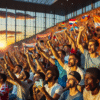 A diverse, energetic crowd of sports fans in a modern stadium, colorful banners, smartphones raised, warm evening light, cinematic, community-focused atmosphere