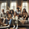 A warm, modern living room scene with a multigenerational family laughing together on a sofa, natural light, cozy colors, and soft-focus background