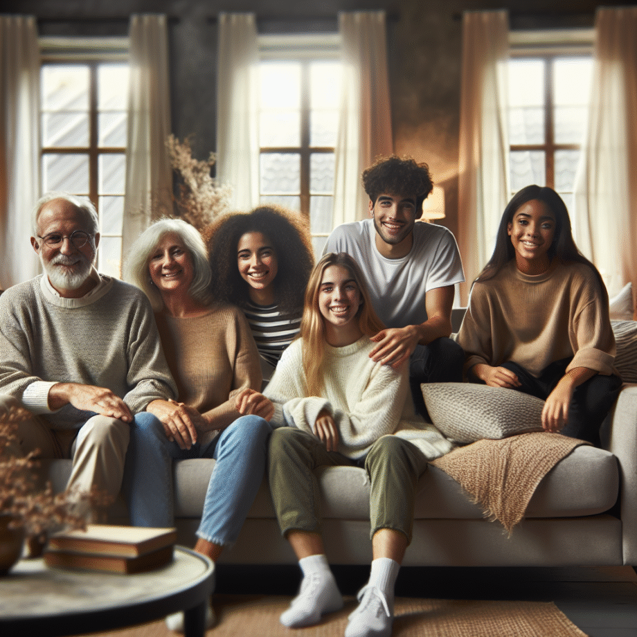 Raising Strong Family Bonds: Practical Guides for Everyday Life A warm, modern living room scene with a multigenerational family laughing together on a sofa, natural light, cozy colors, and soft-focus background