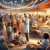 A vibrant urban evening scene with diverse people enjoying street performances, food stalls, storytellers, string lights, and community banners — warm, inviting, cinematic.