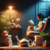 Cozy reading nook with warm light, a comfortable chair, stacked books, a tea cup, a small plant, and a person reading peacefully to convey mindful reading and wellness