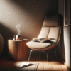 Cozy reading nook with a chair, open book, pair of headphones, soft warm light, and a steaming mug on a wooden side table—calm, modern lifestyle scene