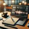 A cozy modern desk scene with a laptop displaying a reading app, highlighted text, a podcast waveform on a tablet, warm ambient light, and a cup of coffee