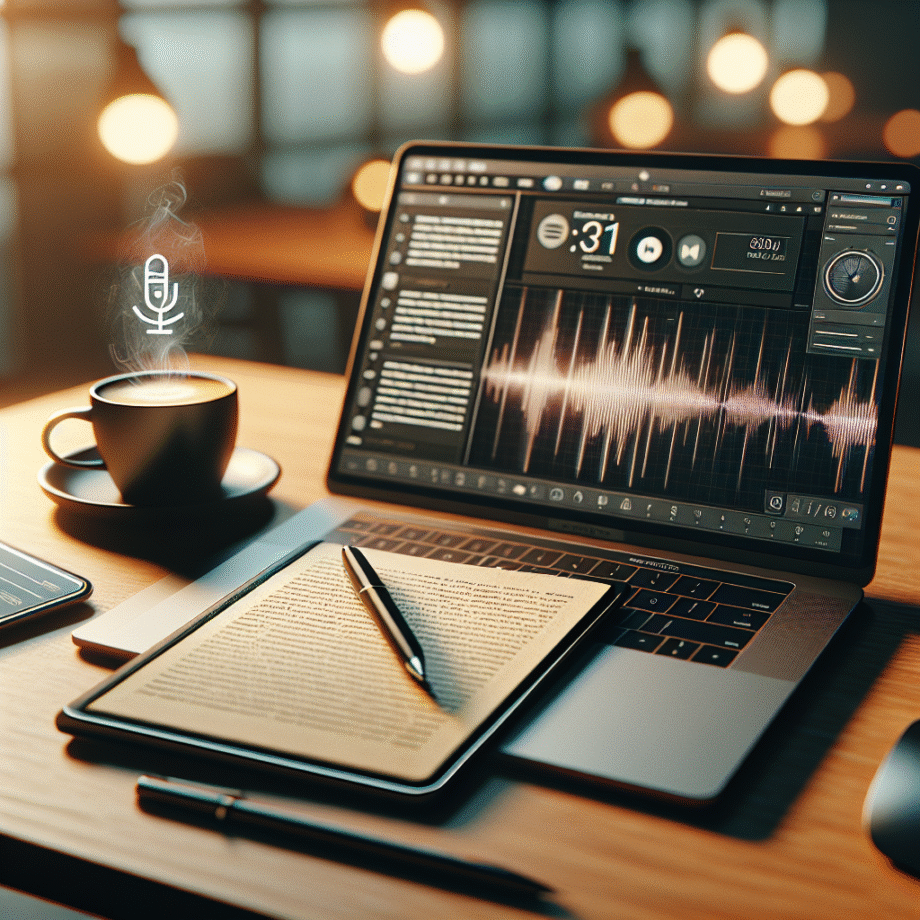 A cozy modern desk scene with a laptop displaying a reading app, highlighted text, a podcast waveform on a tablet, warm ambient light, and a cup of coffee