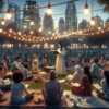 A warm, inviting community reading night in an urban park: diverse people on blankets and benches, soft string lights overhead, books and tea cups, a small stage with a reader, evening city skyline in the background, cozy cinematic lighting