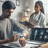 A modern telehealth scene: patient wearing a sleek wrist wearable and a clinician on a laptop dashboard with AI data visualizations and networked health icons, warm lighting, clean minimalist style