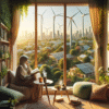 Cozy reading nook by a window overlooking a green city with trees, solar panels and wind turbines, warm afternoon light, person reading a book with a mug
