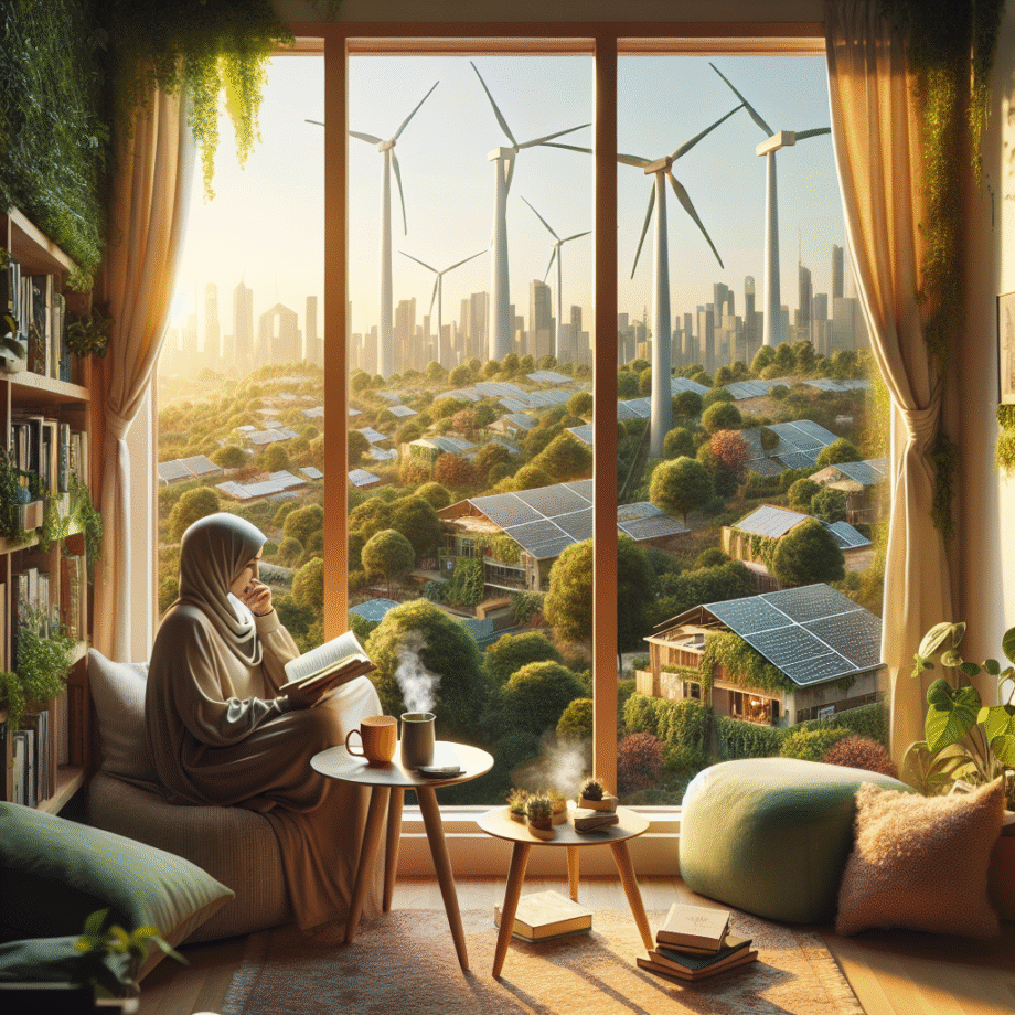 Cozy reading nook by a window overlooking a green city with trees, solar panels and wind turbines, warm afternoon light, person reading a book with a mug