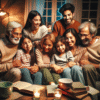 Warm, candid family scene: multi-generational family sharing a cozy evening reading and laughing together in a living room with soft lighting and books on a coffee table