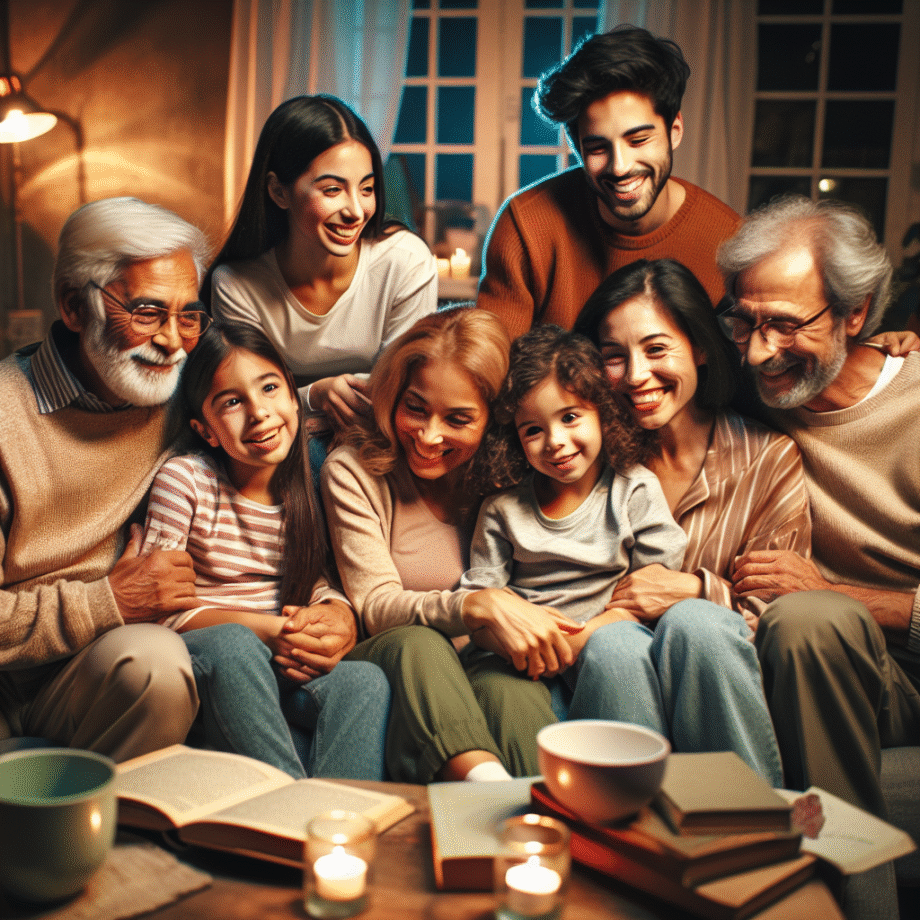 Warm, candid family scene: multi-generational family sharing a cozy evening reading and laughing together in a living room with soft lighting and books on a coffee table