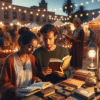 A warm urban scene at dusk: diverse people in a cozy outdoor reading circle during a local culture night, string lights, books and artworks on tables, inviting atmosphere